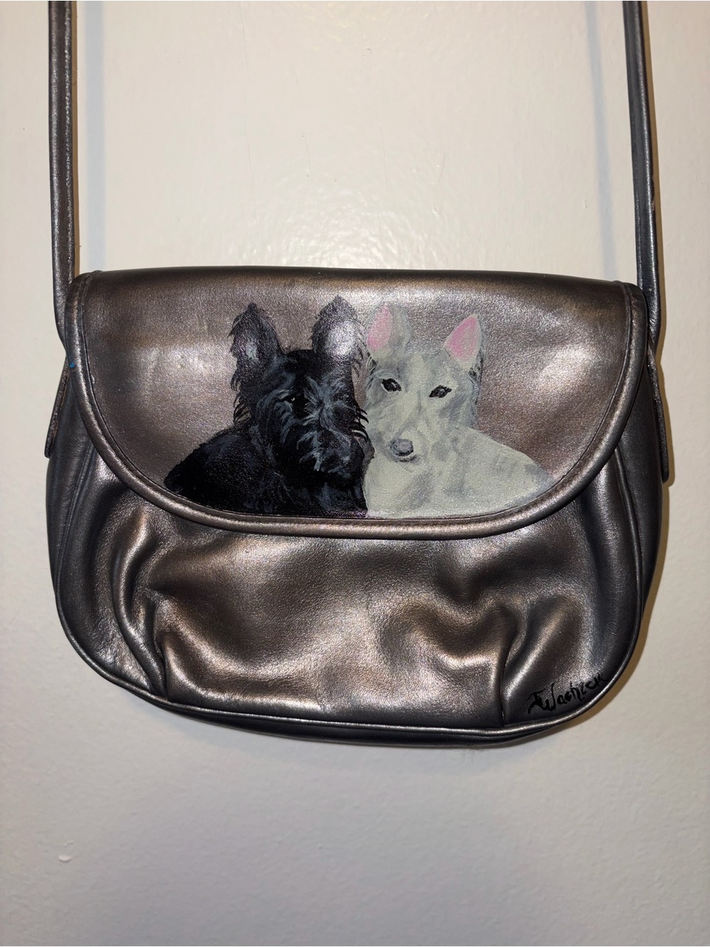 COACH Gray Crossbody Purse Terrier Dog Black White Painting Wachter Handmade 110